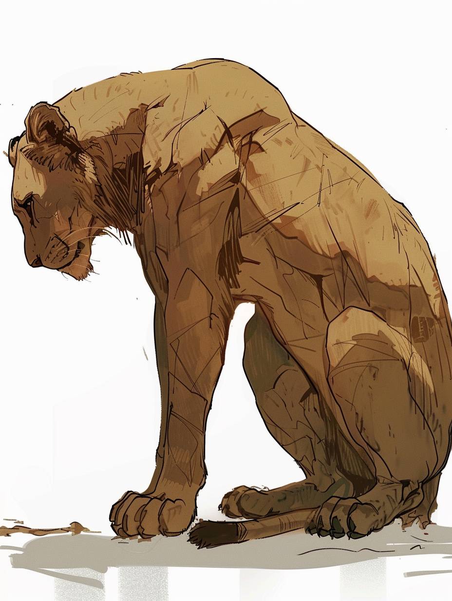 A full-body side view of an ancient Egyptian lioness head bowed on a white background, in the style of Mike Mignola and Ashley Wood.