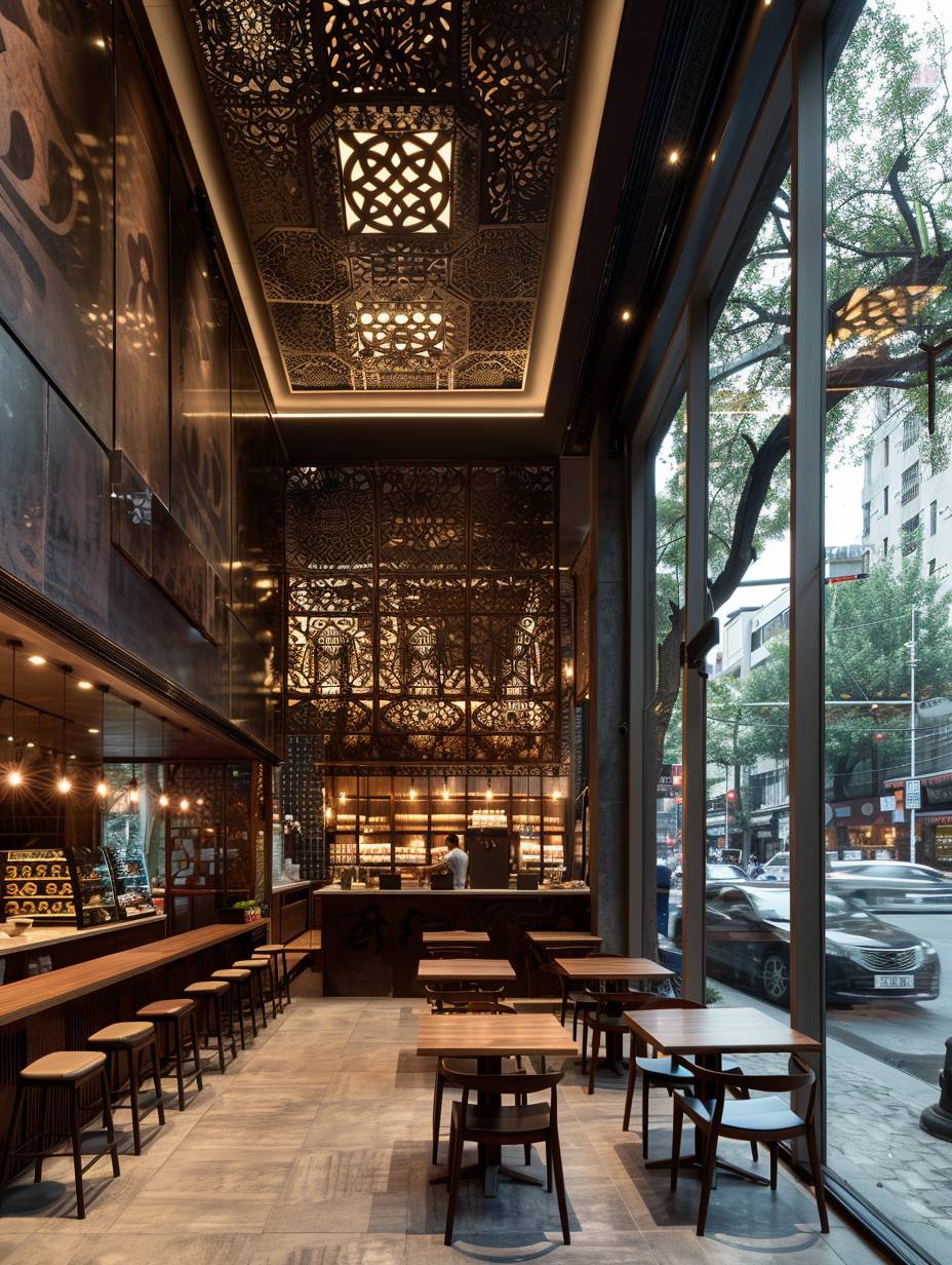 A cafe with many ice cubes embedded on its walls. There are a lot of goldfish, a sofa underwater, minimalism, modern, designed by Zaha Hadid, with light in the darkness of the night