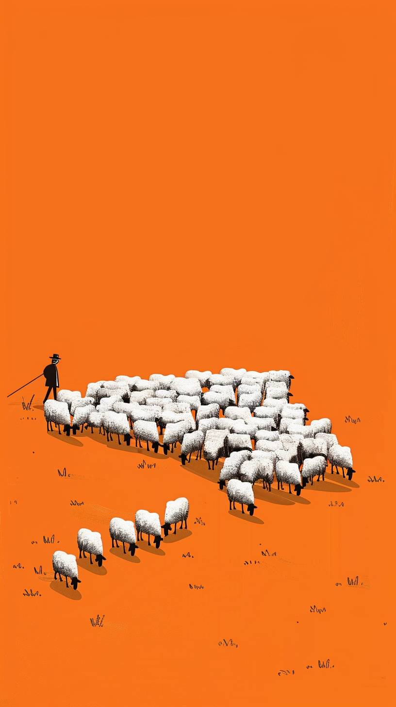 An image of ninety-nine sheep randomly forming a group, all of them being the same size. In the bottom half of the picture, there is a lone sheep and a shepherd separated far away from the group. It features a minimalist illustration style with an orange background. --ar 9:16 --style raw --stylize 50 --v 6.0