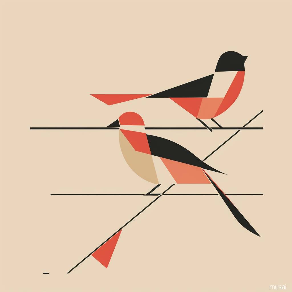 枝に赤と黒の鳥、James Gilleardのスタイルのポスター、鳥の形をなす線の抽象的な幾何学模様、オレンジからベージュ系統グラデーション背景、「musesai」と書かれたシンプルな構図、Eiko Ojalaのイラストスタイル、ビハンスコンテスト優勝者、フラットデザイン、behancingcore、behantis、behStimulatスリークでモダン、behstaffing
