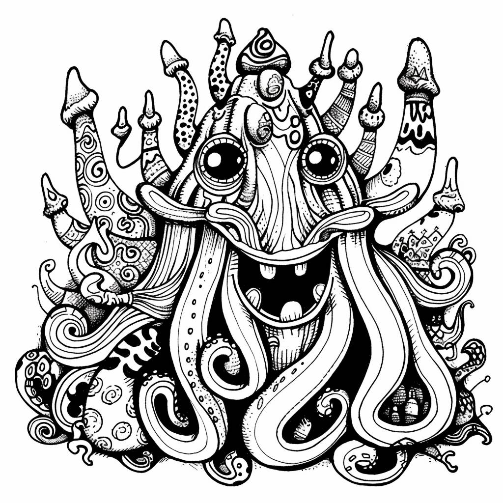 A cartoonish coloring page for adults, whimsical design, crisp line art, detailed without background, black and white, ink outlines, no shading