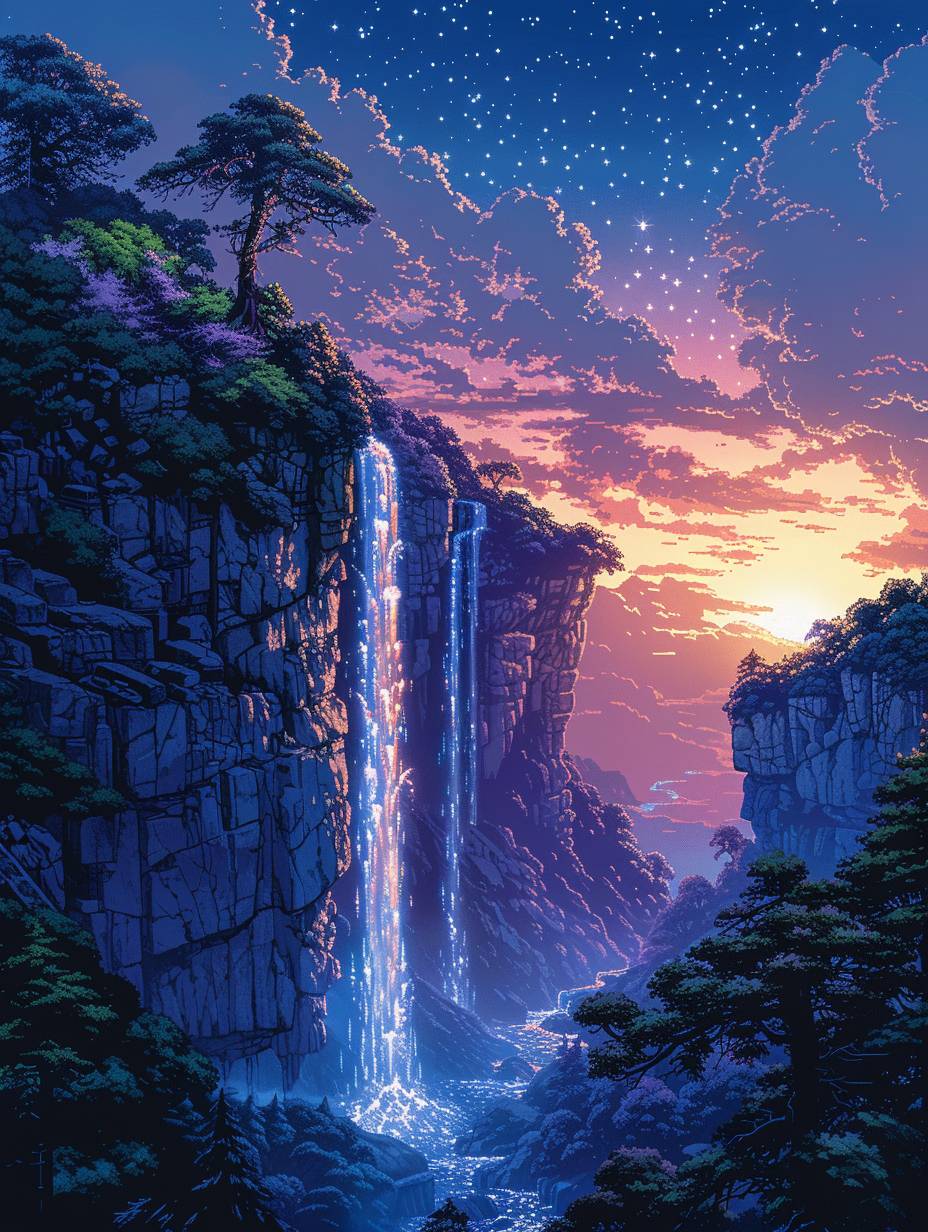 Late at night, the sky is dark, On the high cliff, the water flows like a plunging waterfall, with a momentum as if it were three thousand feet high, one can't help but wonder if this is the Milky Way cascading down from the heavens to the earth. best quality, pixel style cartoon, lines, 8k resolution -- aspect ratio 3:4 -- stylize 750 -- image width 1.5 -- speed 6.0