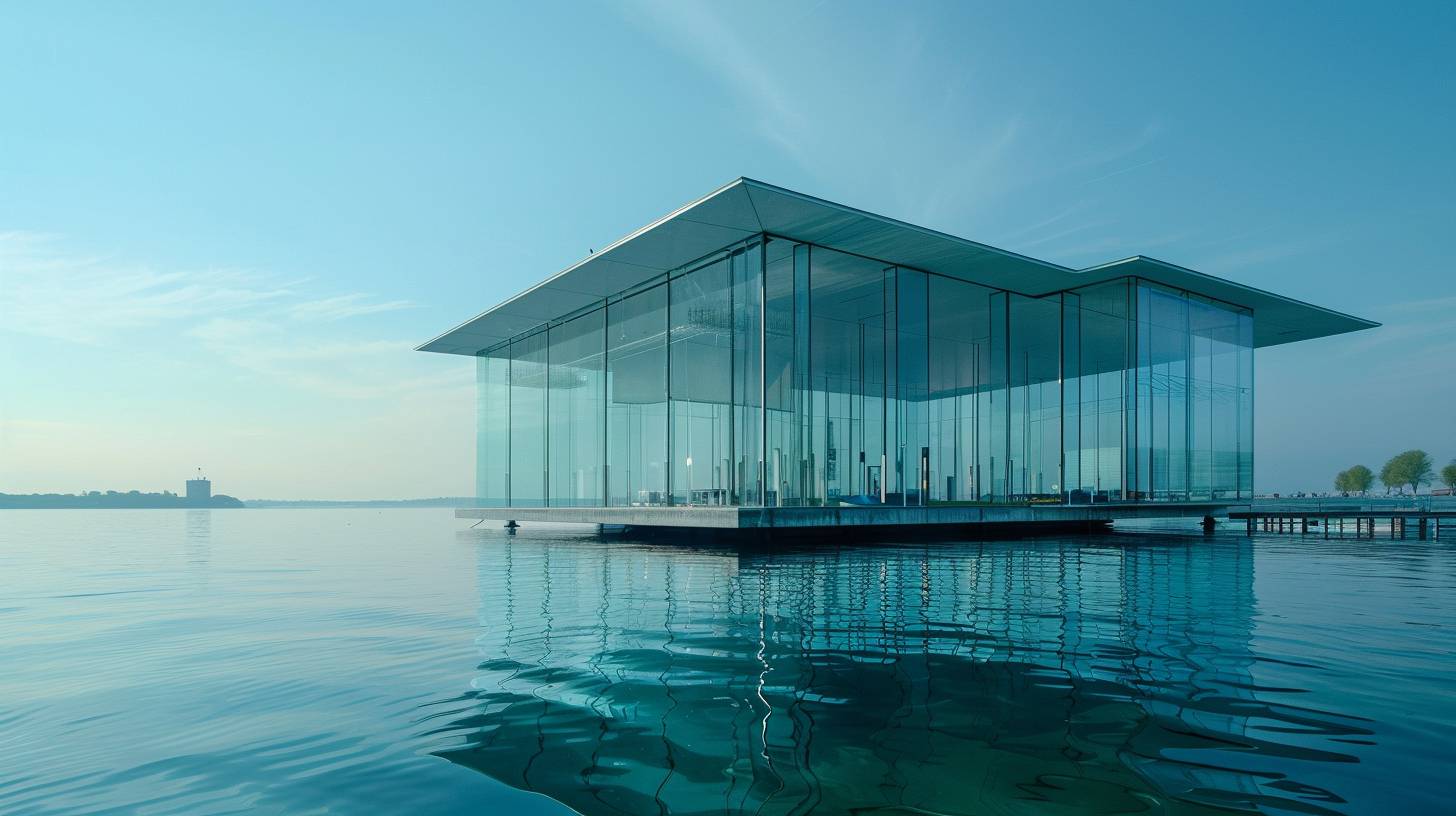 Transparent recursive glass structure designed by Renzo Piano on the water, cinematic architectural photograph