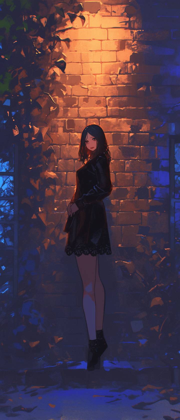 Brunette woman facing the camera against a brick wall with ivy at night, wearing a black dress, with blue lighting and touches of green and soft purple, creating a sad atmosphere evoking nostalgia