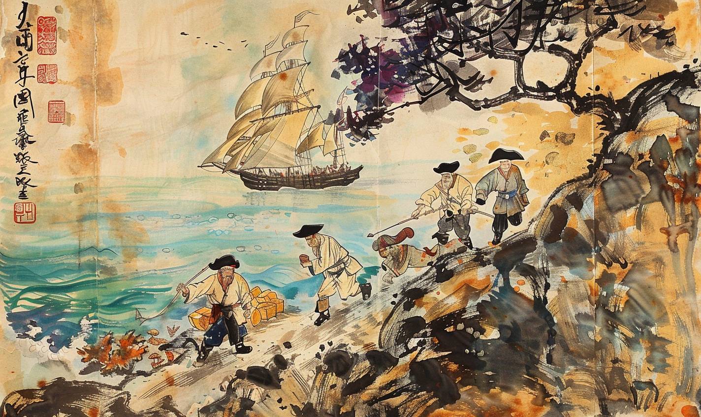 In the style of Qi Baishi, a pirate crew burying treasure on a deserted island