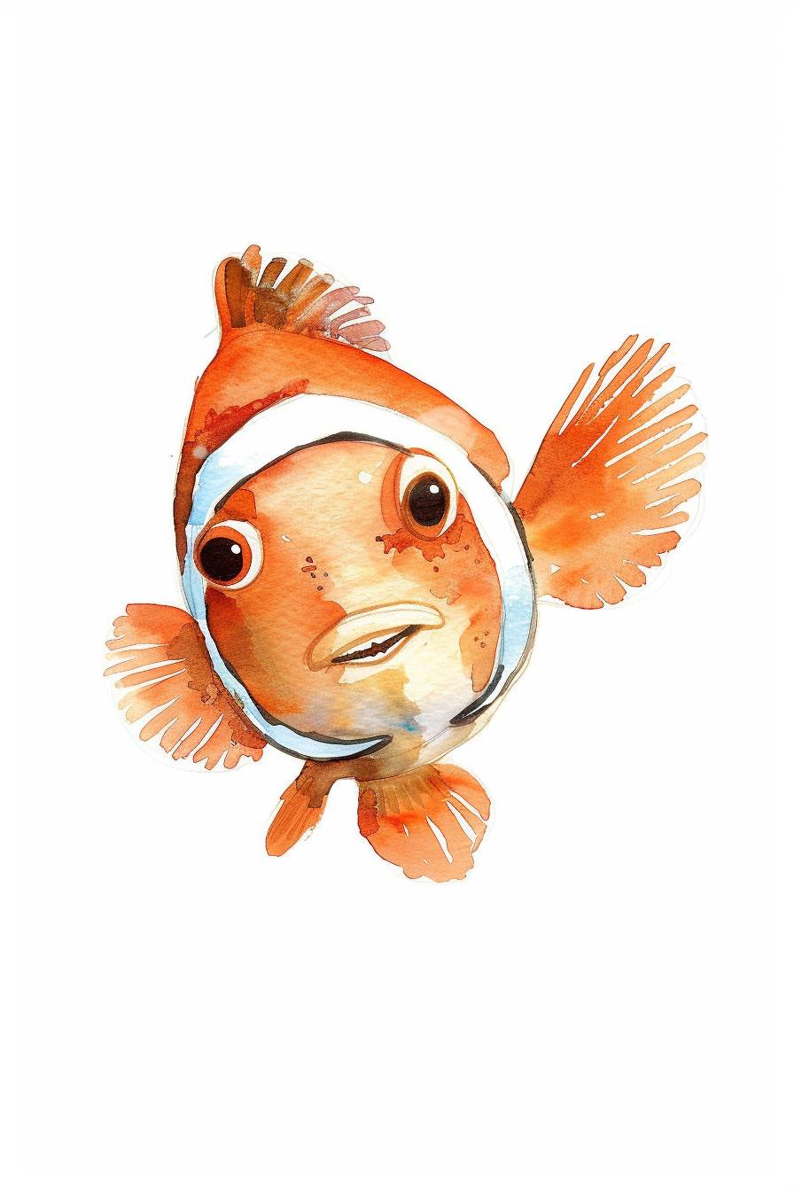 Minimalistic, simple watercolour nursery art, kids illustration, simple watercolor, cute Nemo fish, nursery decor, neutral nautical, cute eyes, white background