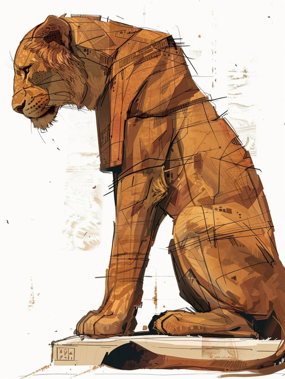 A full-body side view of an ancient Egyptian lioness head bowed on a white background, in the style of Mike Mignola and Ashley Wood.