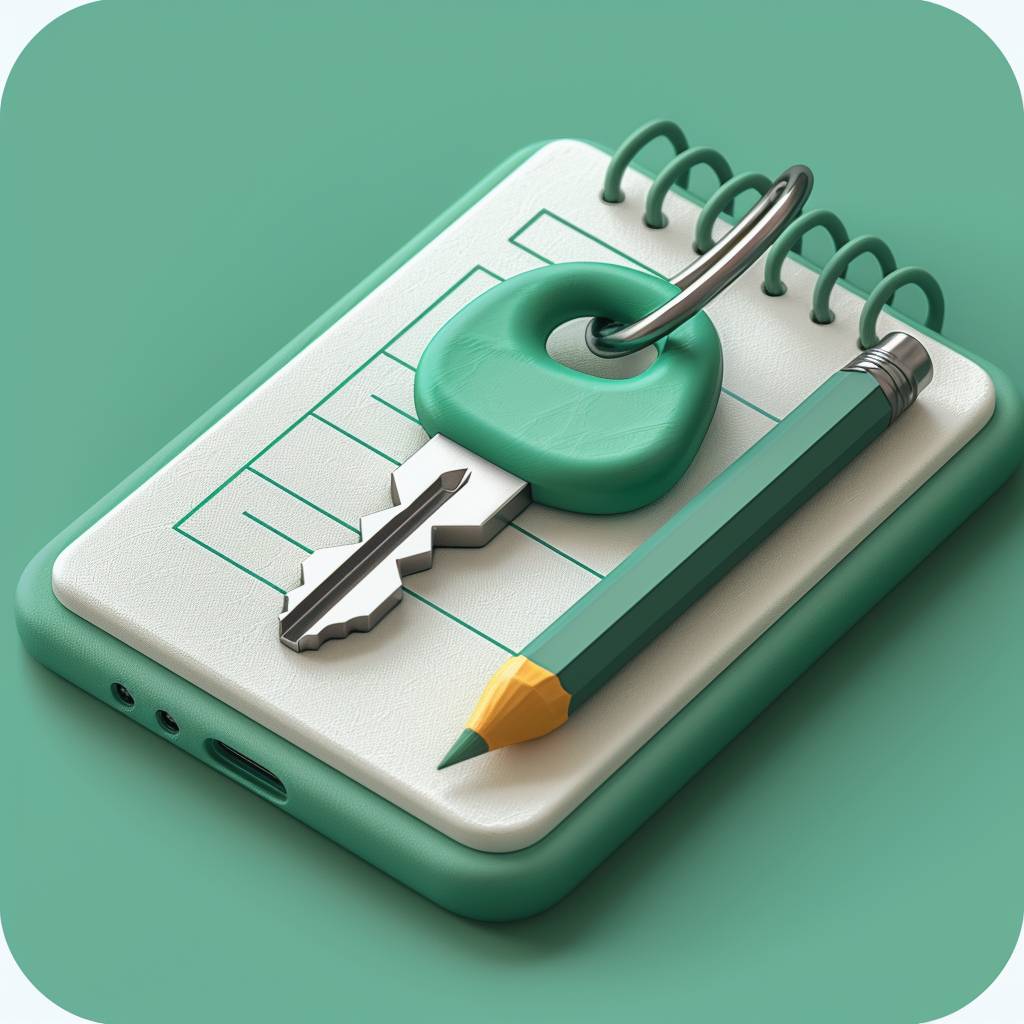 Icon with a key and a pencil separate on a square white notepad, presented in light green color in a minimalistic style