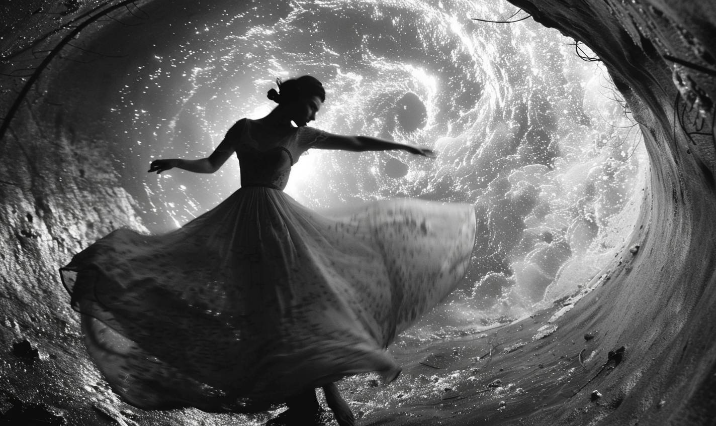 In the style of Lillian Bassman, cosmic journey through wormholes