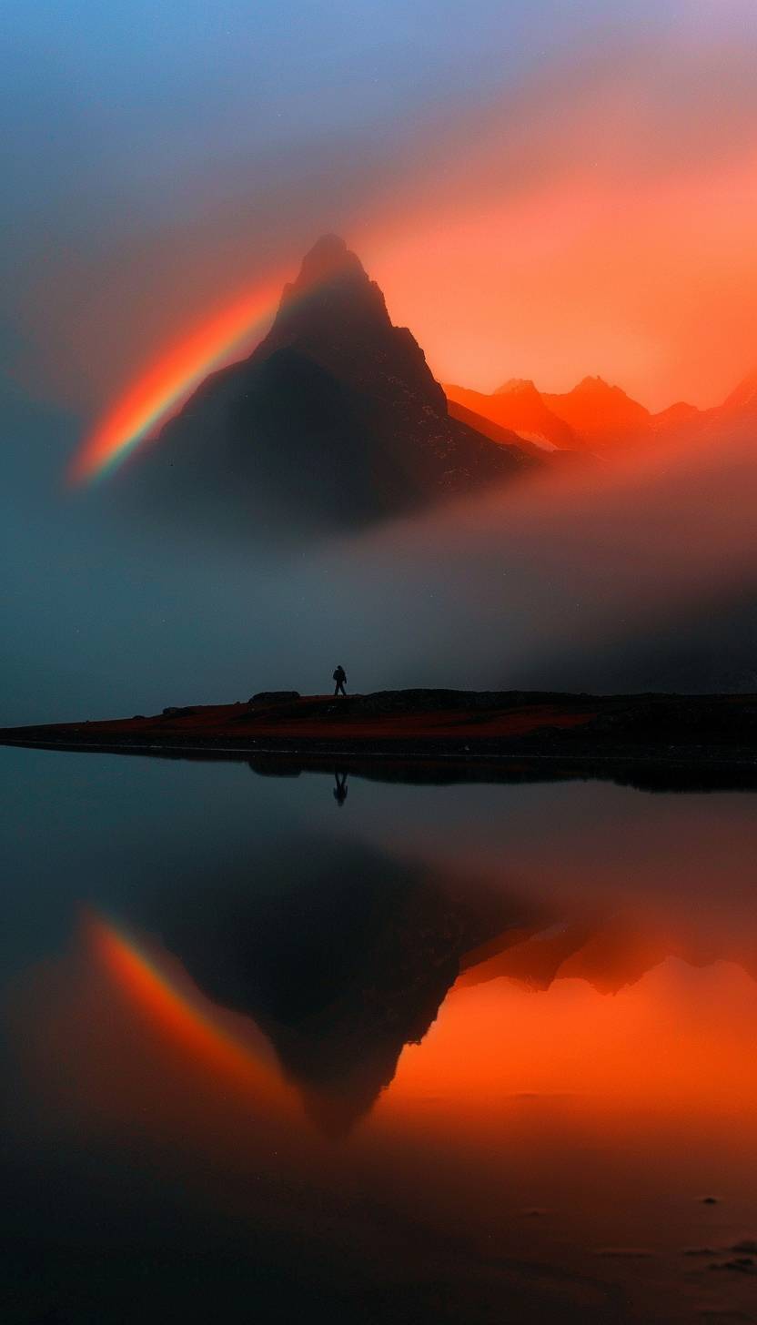 Close-up of a lady reflecting over a mountain lake, reflected rainbow, cinematic, serene landscape, sunrise