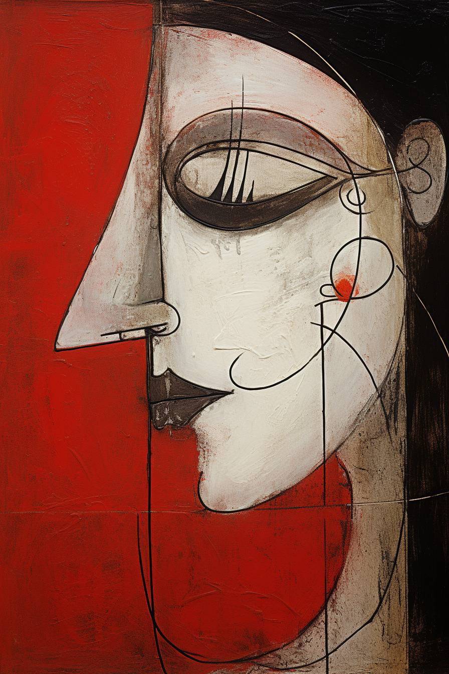 鉄板と鉄線で作られたパブロ・ピカソによる女性のキスを描いた絵画。赤色--カオス15--縦横比2:3 --V 5.2