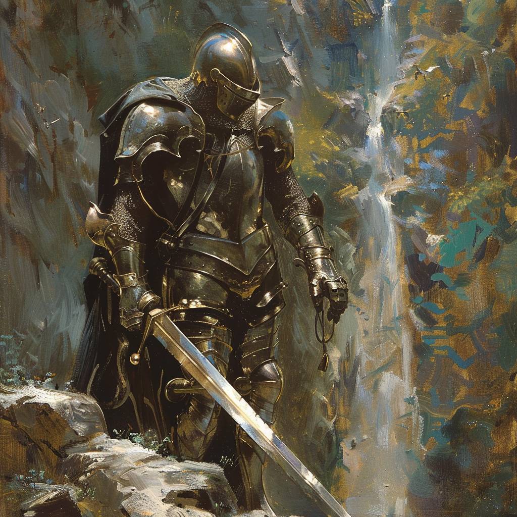 A valiant knight, clad in gleaming armor, stands at the precipice of destiny. Donato Giancola's masterful strokes breathe life into this heroic figure.