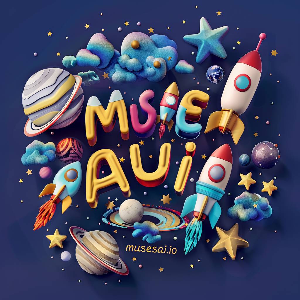 3D text "musesai.io" made of rockets, planets, and stars, on a deep blue background, in vibrant colors, in the style of a cartoon, with simple shapes, in a flat design, as digital art, bright color scheme