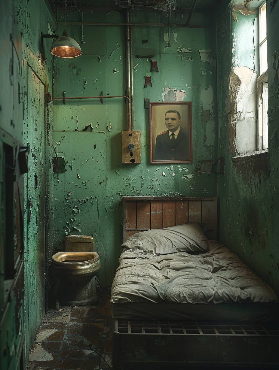 A dark, dingy prison cell with a solid gold toilet, dirty bed, and a picture of the Russian president on the wall
