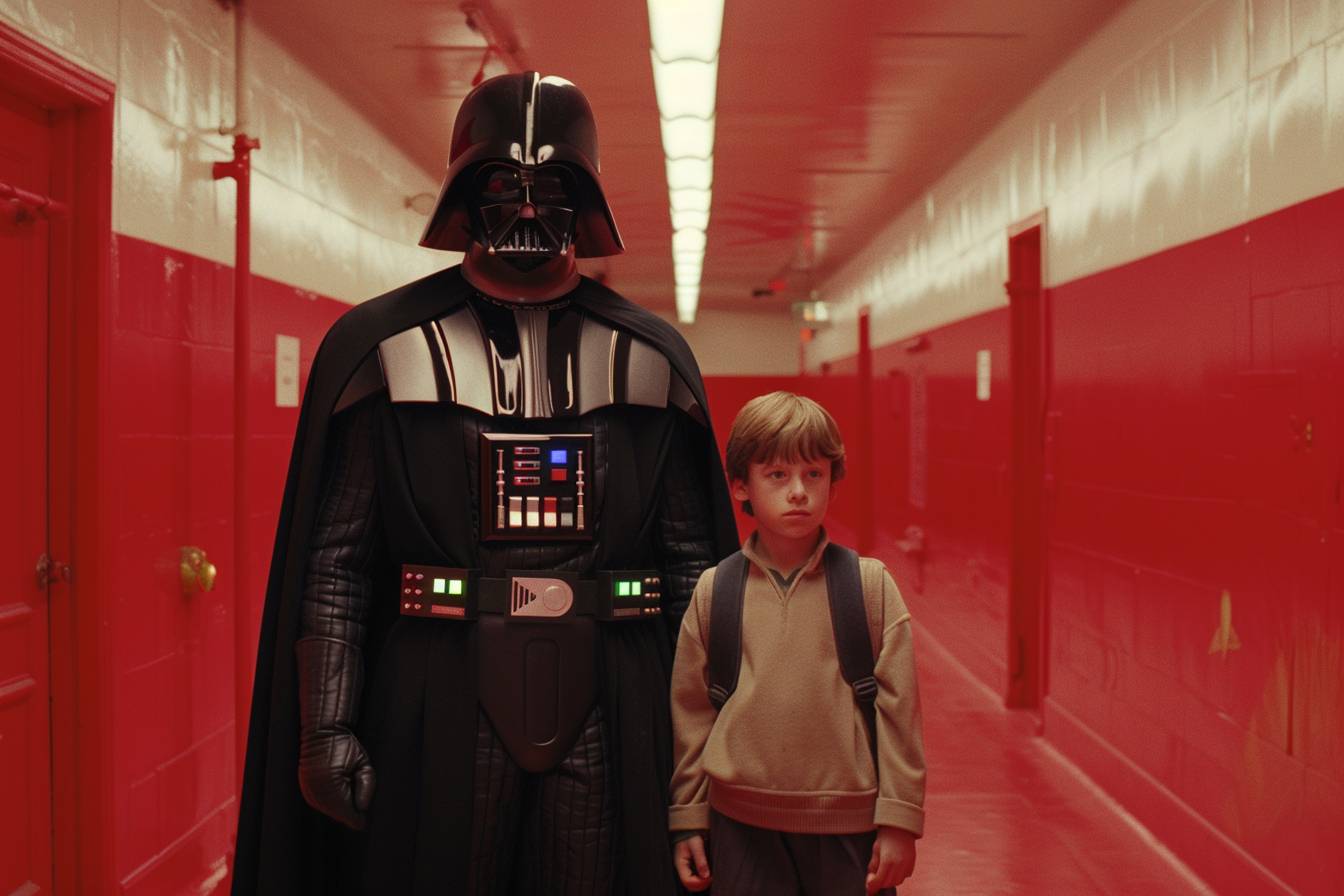 Production still from a Wes Anderson film, featuring Darth Vader dropping off young Luke Skywalker at school. Cinematography by Wes Anderson, emphasizing symmetry.