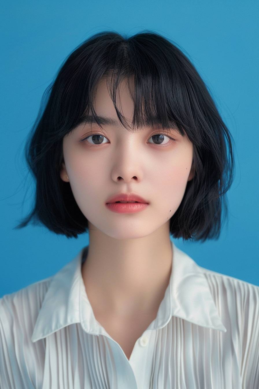 ID photo, blue background, full face, 18-year-old Chinese girl, black hair, bob hair, bangs, hair transplant, big eyes, lips, oval face, realistic, head and shoulders