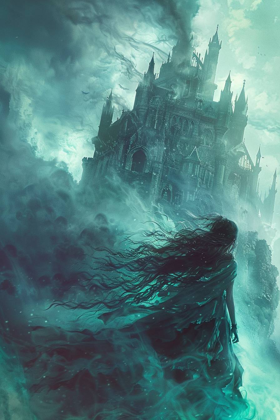 Dark fantasy book cover: Book named: [NAME] written by [WRITTEN BY] featuring an ethereal illustration of a mysterious woman with long hair, an ancient castle, and swirling mist