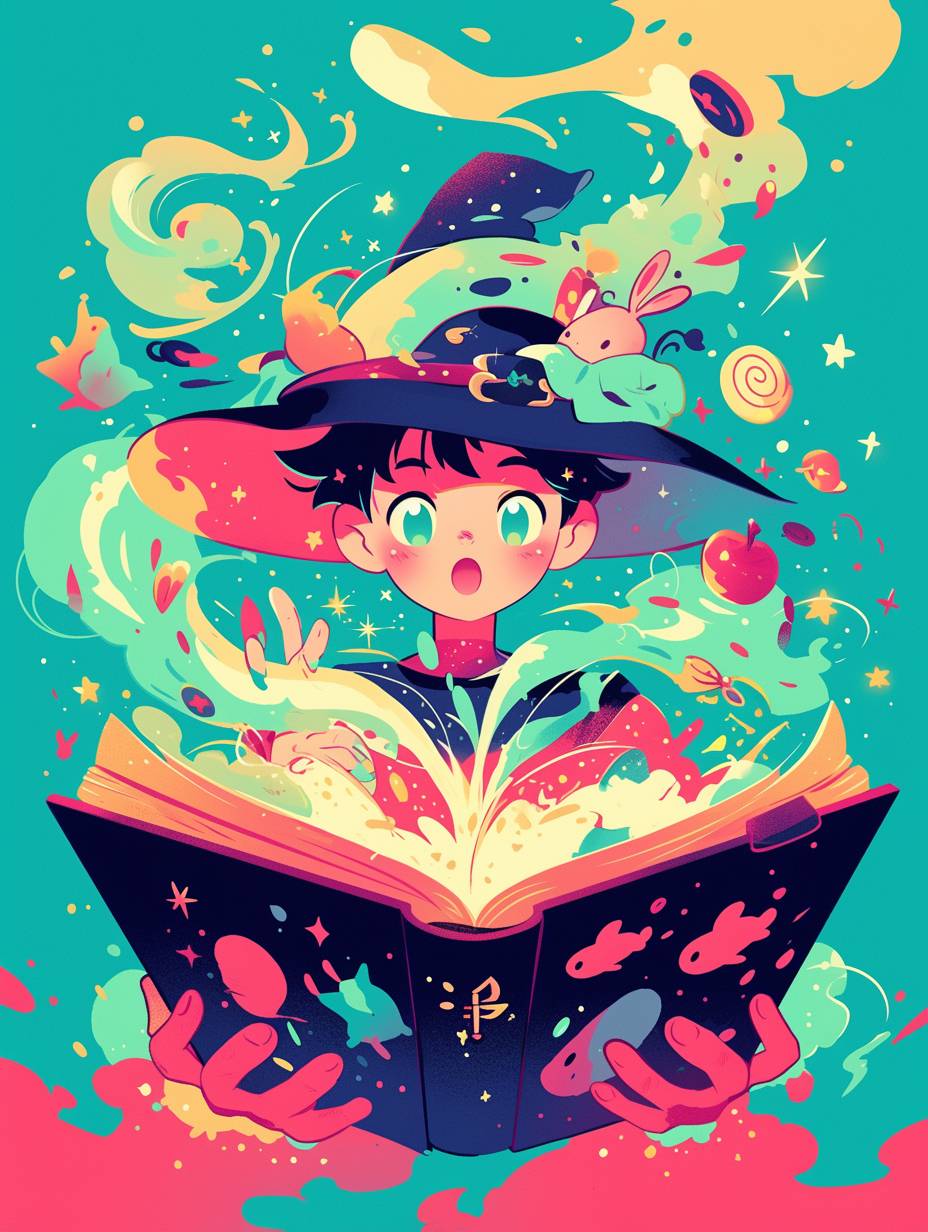 Simple lines, exaggerated design, anime style, central composition, vibrant colors, high contrast, a little boy wearing a wizard hat holding an open magical book, words flying out of the book transforming into lively objects like an apple and a rabbit, green smoke coming out of the book and floating up, magical elements like glowing symbols, stars, and sparkles, soft lines, friendly and simple design, primary colors teal and blue background accented with yellow and red