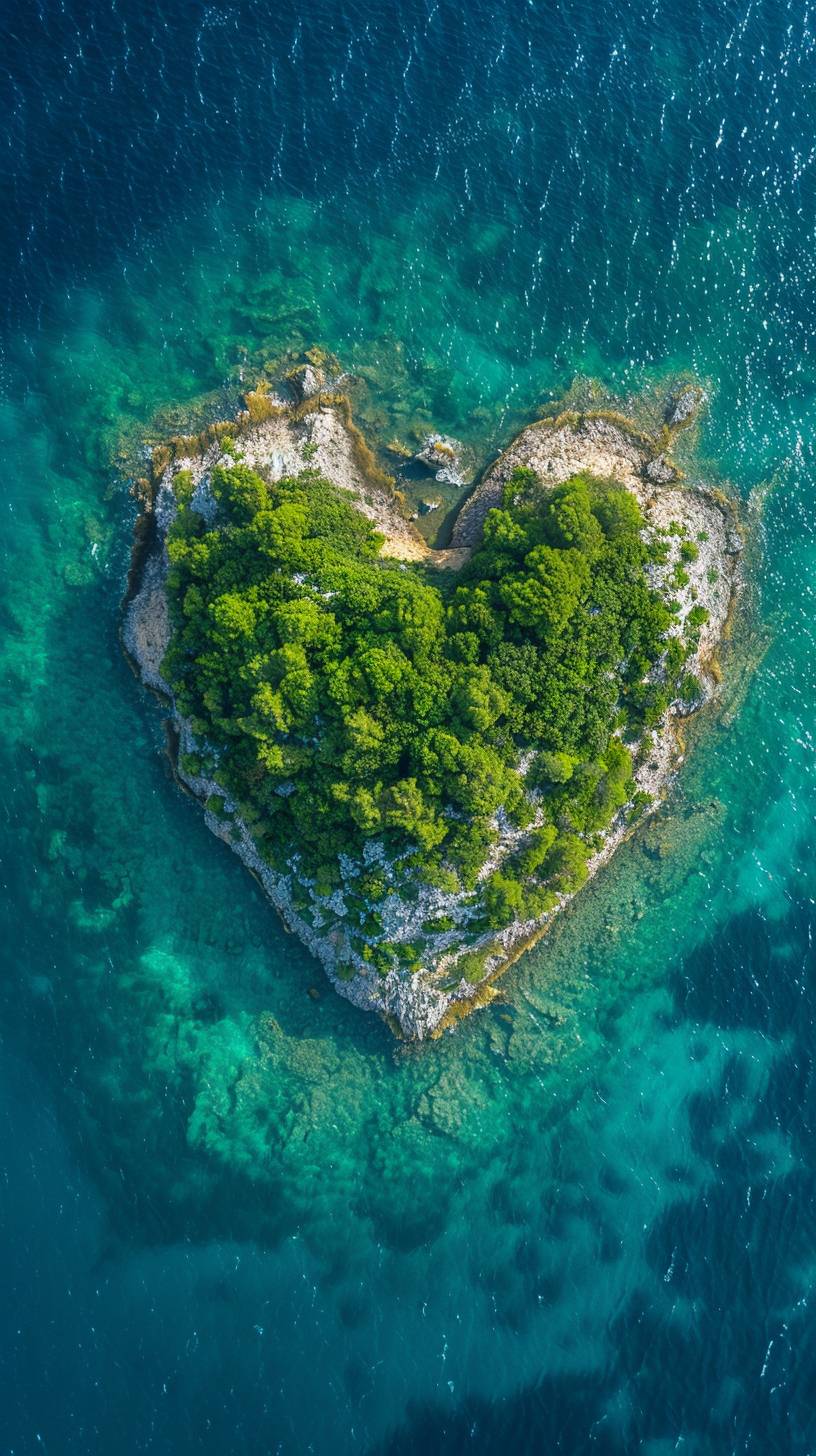 A beautiful heart-shaped island viewed from an aerial perspective can evoke a sense of wonder and romance: Galesnjak Island, located near Zadar, Croatia. This uninhabited island has a remarkably perfect heart shape.