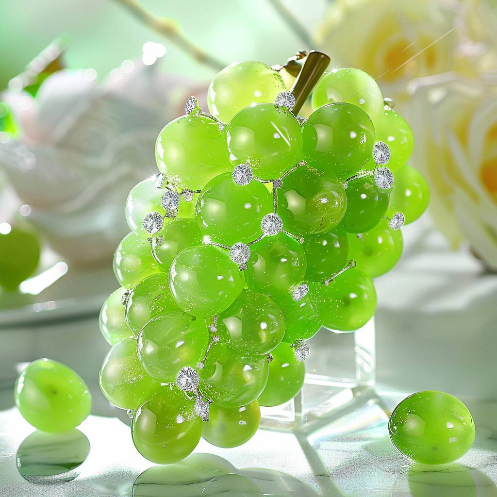 Beautiful and exquisite green grapes made of jade, adorned with diamonds, shining brightly on the table, exuding an elegant atmosphere. The entire scene is filled with lush fruits, with each grape emitting a dazzling light, presenting a luxurious color tone. This masterpiece captures every detail in the style of high definition photography.