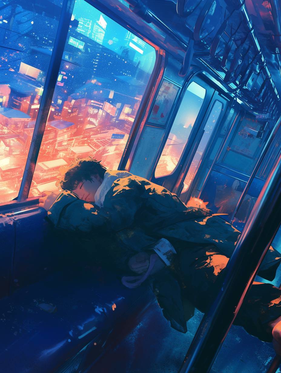 夜、男の子は仕事を終えて地下鉄に乗り、手すりにもたれて眠りに落ちました。車両内には彼だけで、窓の外には夜の街並みが広がっており、シンプルな光景です。高解像度で明るい色彩、高いディテール、高品質の3D --ar 3:4 --niji 6