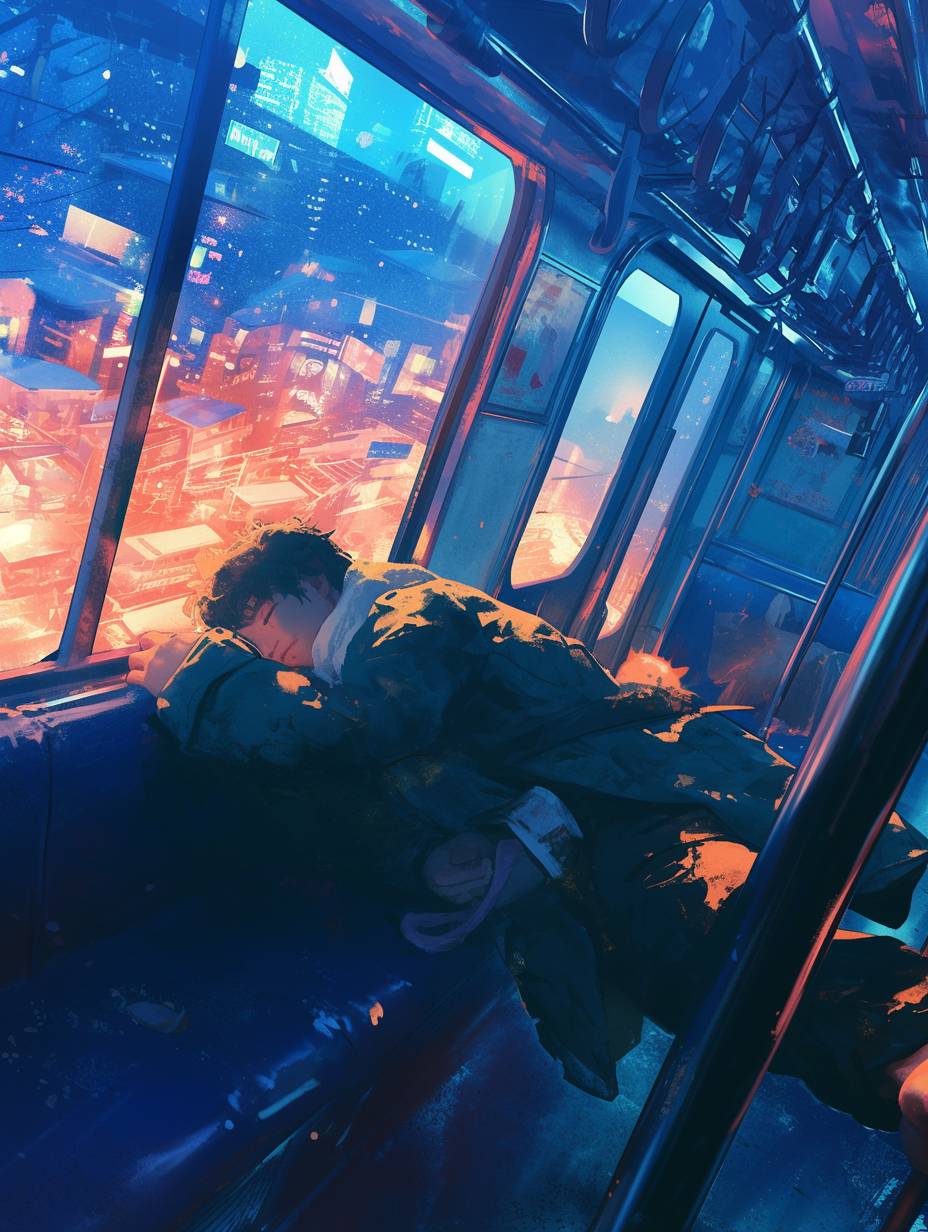 At night, a boy had just finished work and was taking the subway when he fell asleep leaning on the handrail. He was the only one in the entire carriage, and outside the window was the night view of the city, a simple scene, It has a high resolution with bright colors, high details, and high quality. 3D --ar 3:4 --niji 6