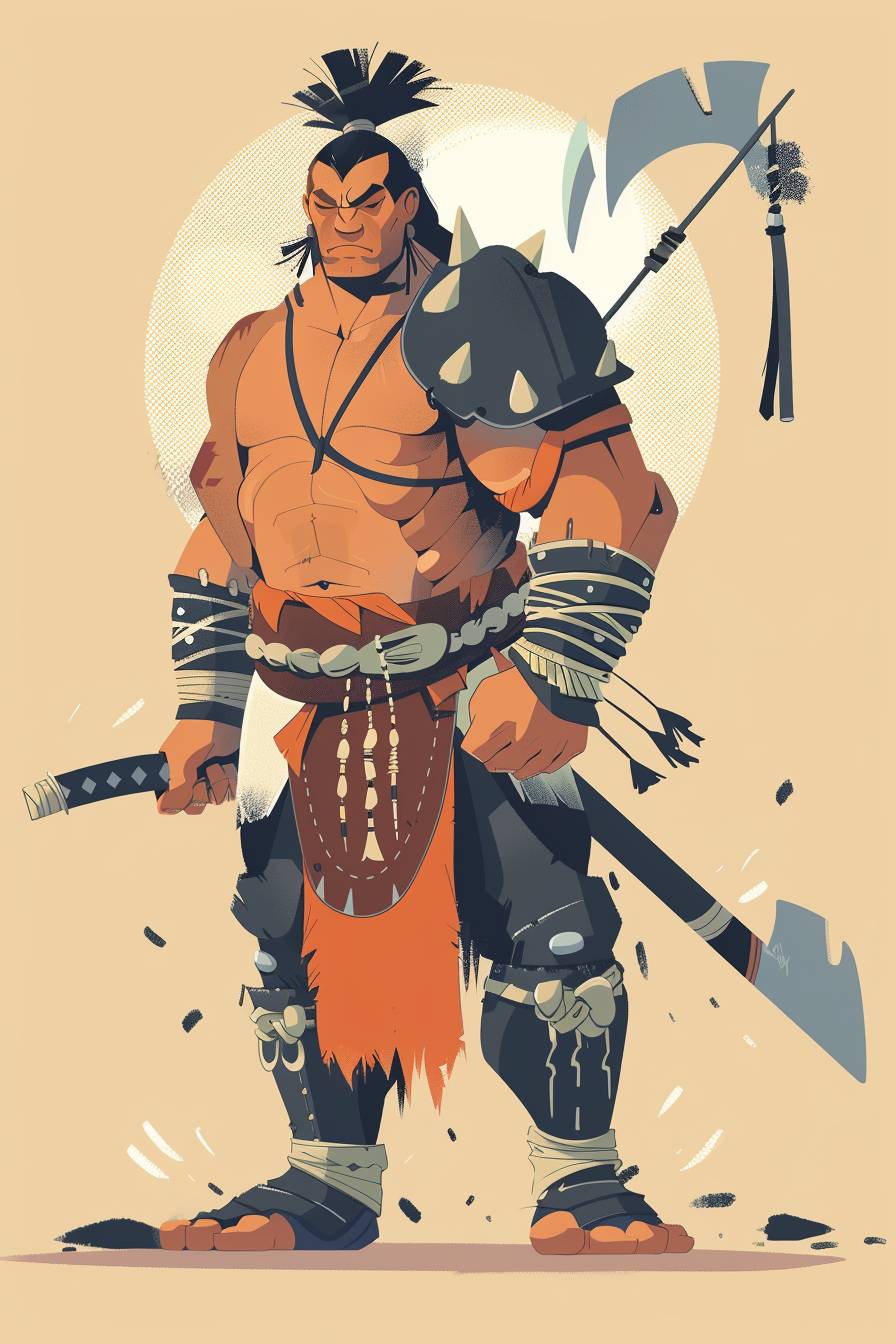 Illustration of a warrior character in the style of Goro Fujita, full body, flat color