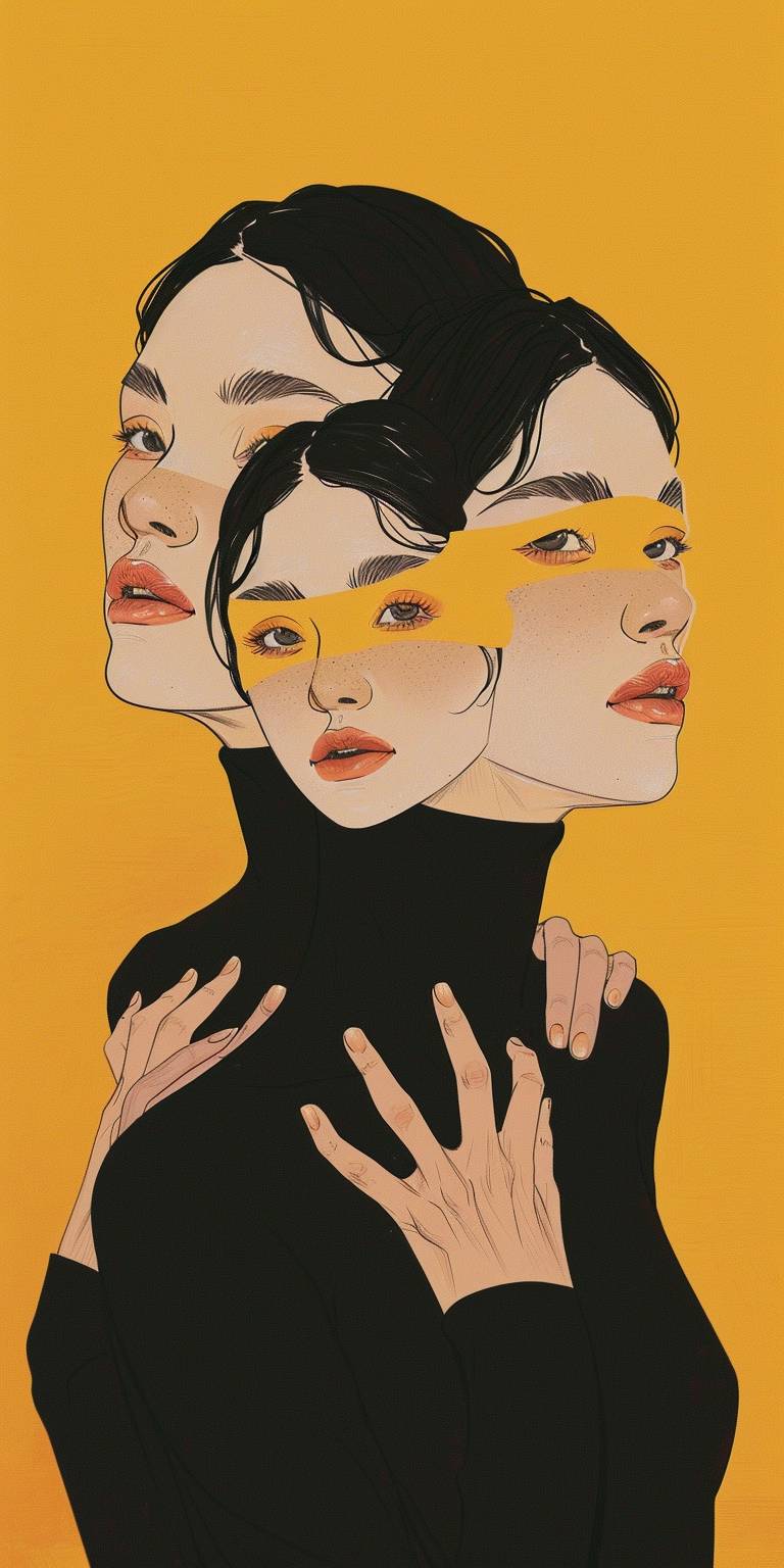 An illustration of multiple faces melting seamlessly into each other in the style of James Jean, a full body portrait of a woman with dark hair wearing a black turtleneck and hands holding a mask in front of her face, a beautiful female form with an elegant long neck against a yellow background with clean lines and high contrast.