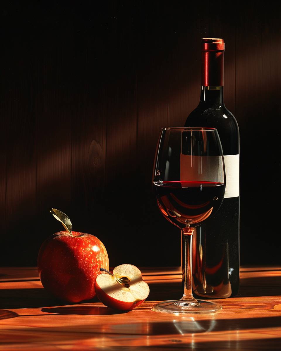 A photo-realistic modern and brightly-lit still life, taken from a low angle, featuring an open bottle of red wine, a half-full wine glass, and an apple on a lacquered wood tabletop.