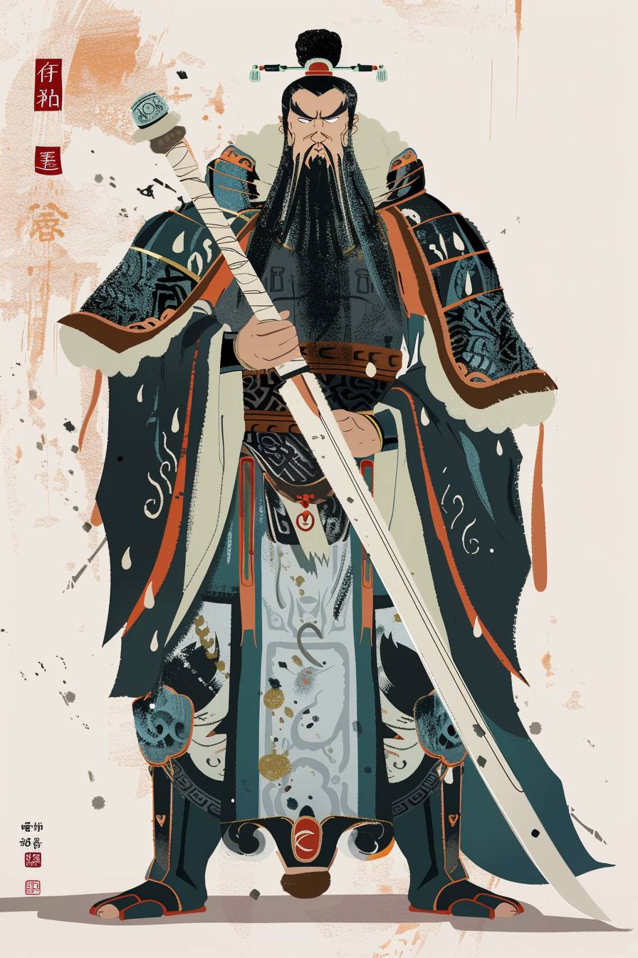 In the style of Qi Baishi, warrior character, full body, flat color illustration