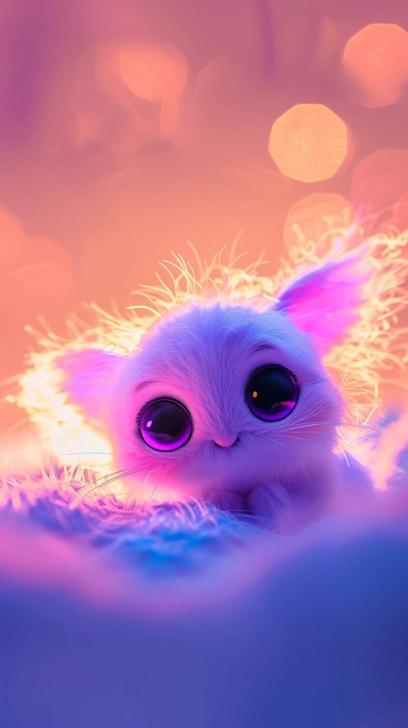 Small very fluffy animal with big eyes, brightly colored, with small ears, kind, very cute, cartoon, very fluffy --ar 9:16 --personalize lle9clo  --v 6.0