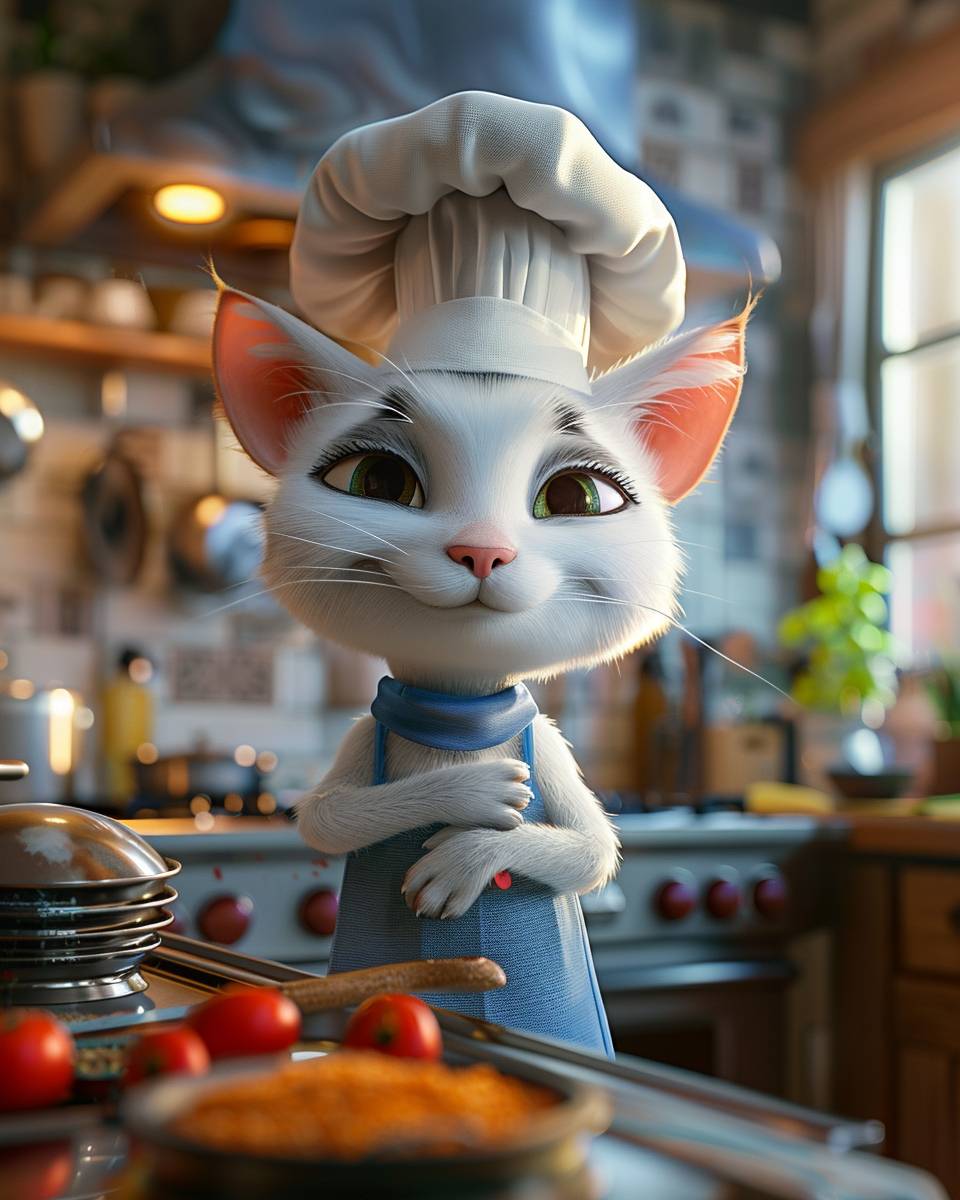 ディズニーやピクサーのアニメーションに触発された、高級キッチンでスマート家電を使用する革新的なシェフ猫の3Dカートゥーンアニメーション。