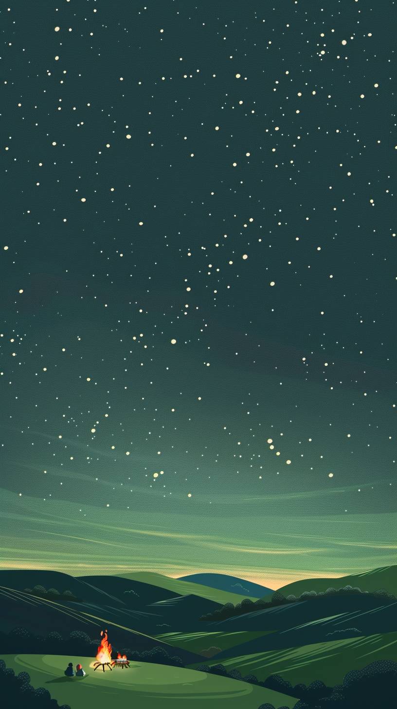 An abstract minimalist illustration depicting a green landscape under a starry sky at night. In the distance, children are sitting around a bonfire, with no other visible lights present.
