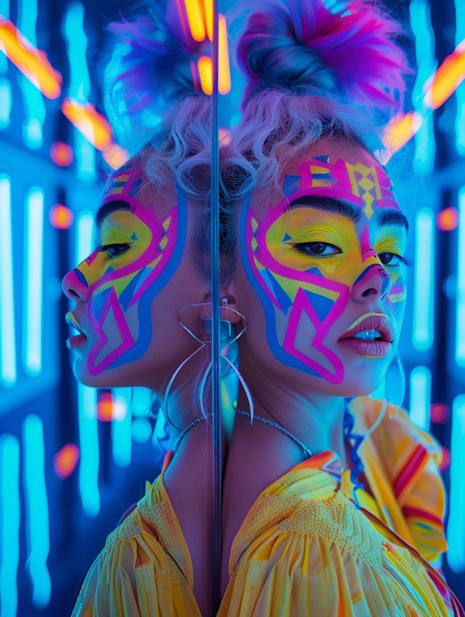 A young woman with vibrant neon hair and geometric Art Deco patterns painted on her face, posing in a surreal, dream-like setting with mirror-like floors and walls reflecting her image.