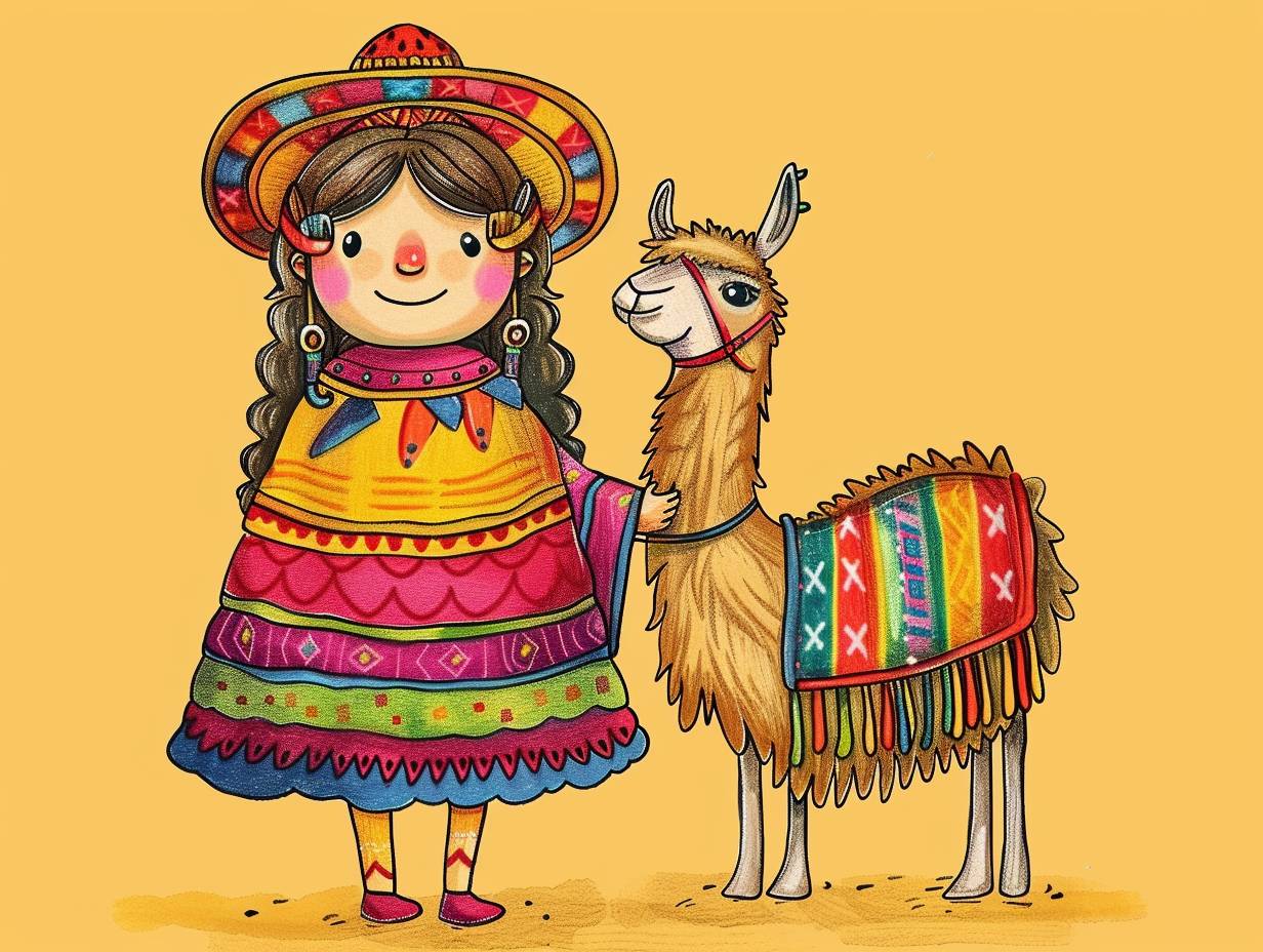 Hand drawing cartoon style 2D stick figure of a Quechua girl and her llama, wearing a colourful poncho, very detailed, high quality