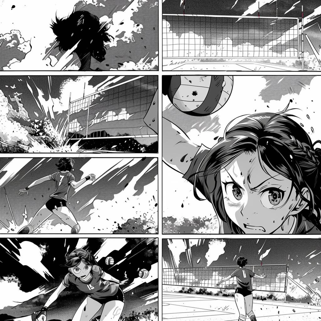 A comic book page with panels of a volleyball player in action, anime style, black and white manga. Each panel shows more action as she serves, sets, and spikes the ball.