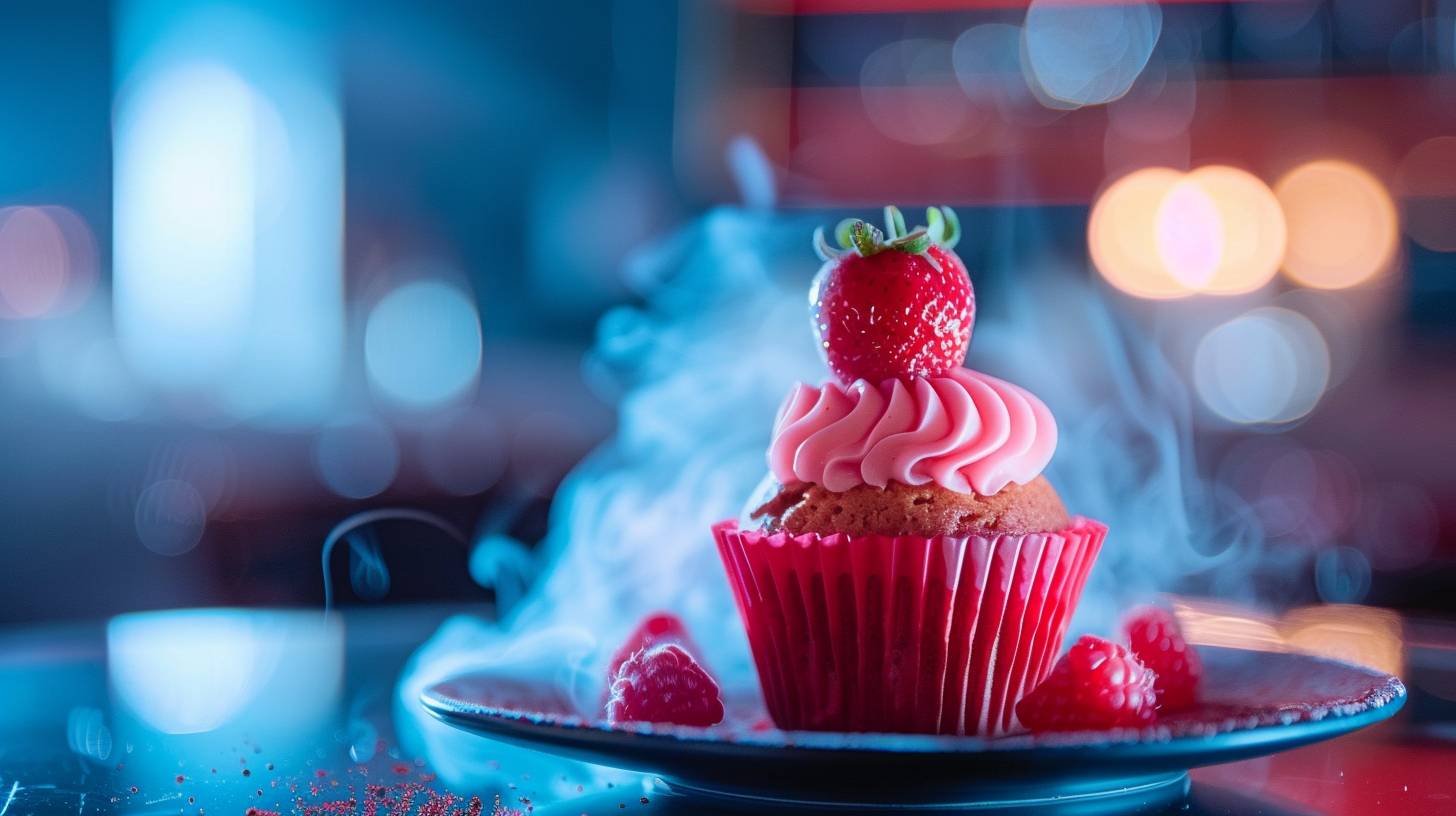 [A strawberry muffin], vibrant colors and swirling mist, in a luxury restaurant, dramatic lighting, high details, Canon EOS R5