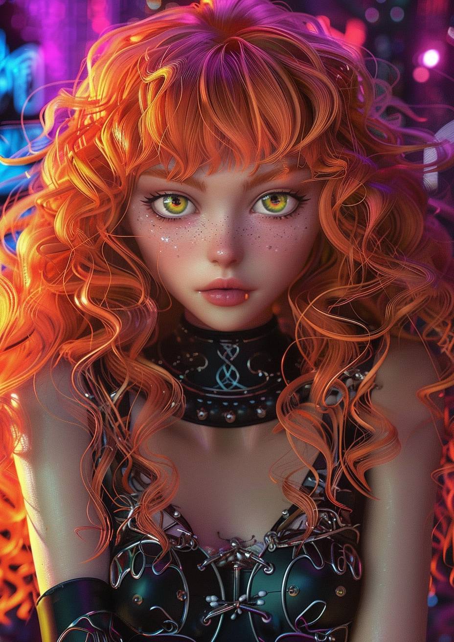 A psychedelic red haired curly girl wearing metal bodysuit, she has big eyes and long eyelashes, fantasy art style, detailed anime style, full body shot, hyper realistic, digital painting, vibrant colors, trending color palette