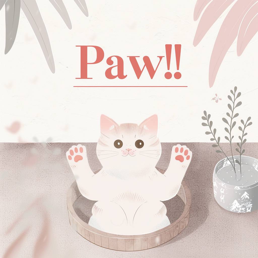 Logo for cat cafe. Text "Paw!Paw!"