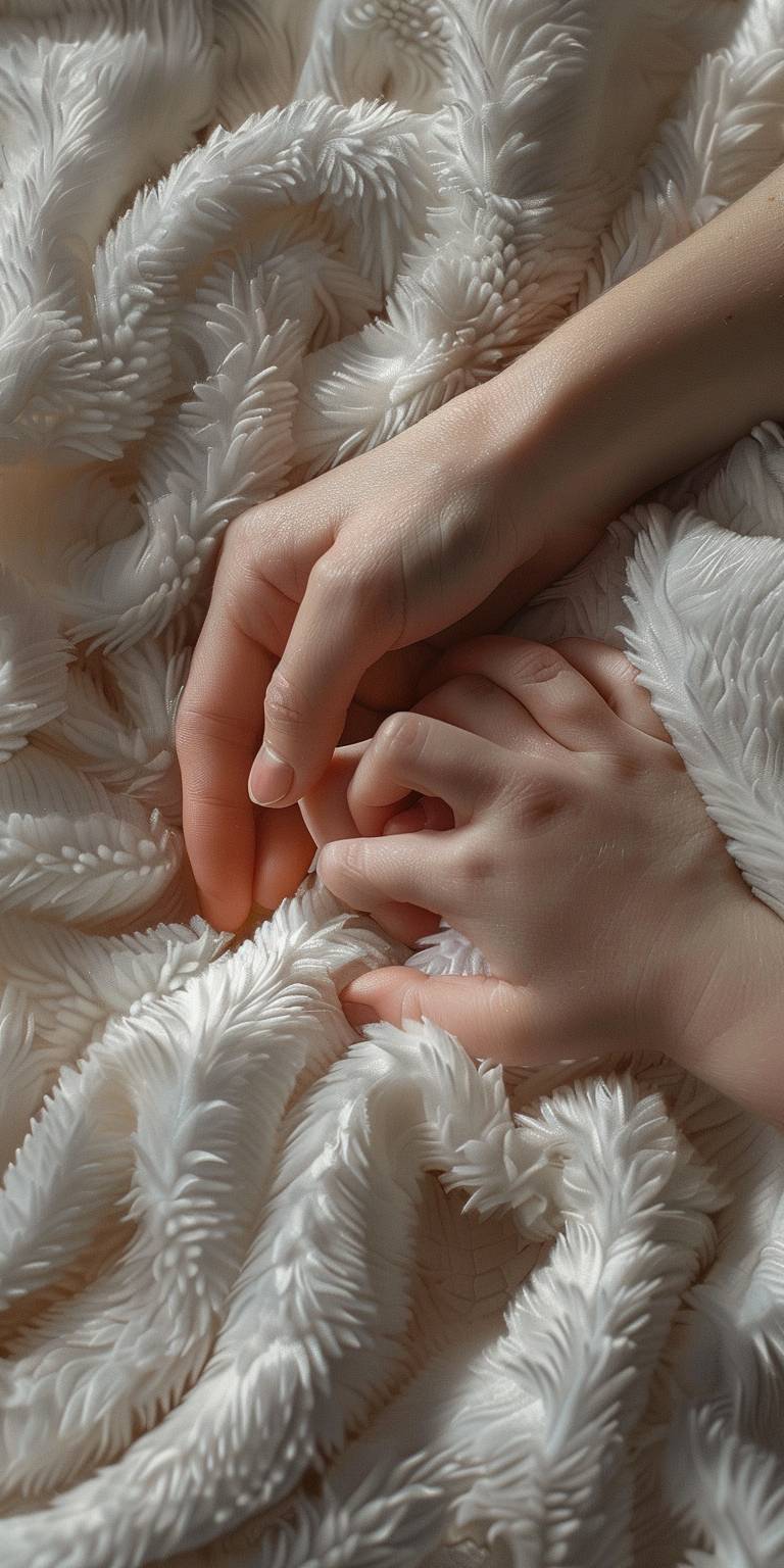 A picture of a mother and her baby holding hands. On a soft blanket. No human face shown. White light and white blanket. Photographed from above. High-quality intricate detail ultra-realistic 16K Photography. Captured with a Nikon D850, 18-55mm lens, f/4, natural light.