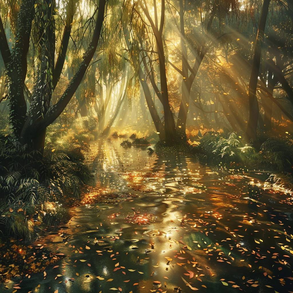 A photorealistic depiction of a dense Aztec Central American mystical forest, bathed in golden afternoon light streaming through ancient willow trees. Long, ghostly shadows are cast on the forest floor covered with fallen leaves, ferns, and small glowing electrical flowers. A magical morning stream flows through the vibrant scene, reflecting the surrounding foliage's colors and light, creating a serene and enchanting atmosphere. Sci-fi landscape, Amazon jungle, ancient civilization, cinematic, epic realism, 64K, ultra-highly detailed, lifestyle photography, candid, realistic, epic realism, portrait, ultra-high quality, hyper-realistic, long exposure lighting, spotlight, natural lighting, soft lighting, diffused, epic realism, high quality, hard lighting, backlit, dreamy vibe.