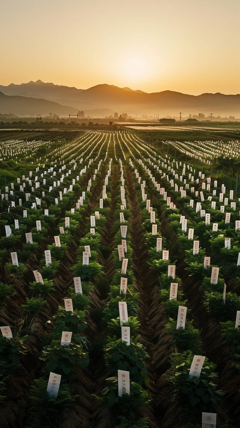 A stunning rural field landscape at sunrise with a very long and wide path covered entirely by countless Chinese Gaokao admission letters, extending into the horizon. The letters are neatly arranged, and each one is detailed with Chinese characters and official seals, capturing the significance of these documents. The field is lush and vibrant, with soft morning light creating a serene and hopeful atmosphere. Shot with a Canon EOS camera, hyper-realistic 32K resolution, 3D effect.