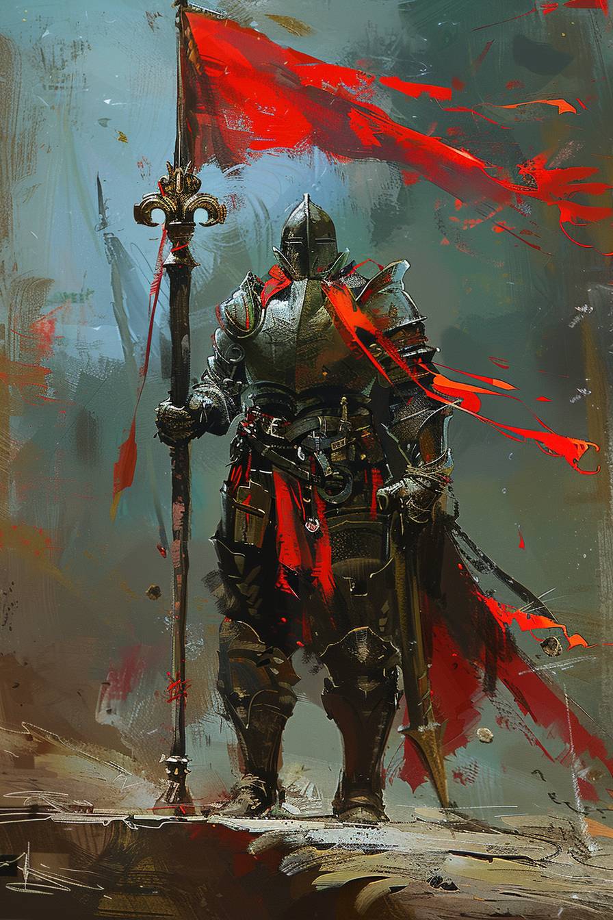 Modern knight warrior with flag and gigantic blade, Frazetta