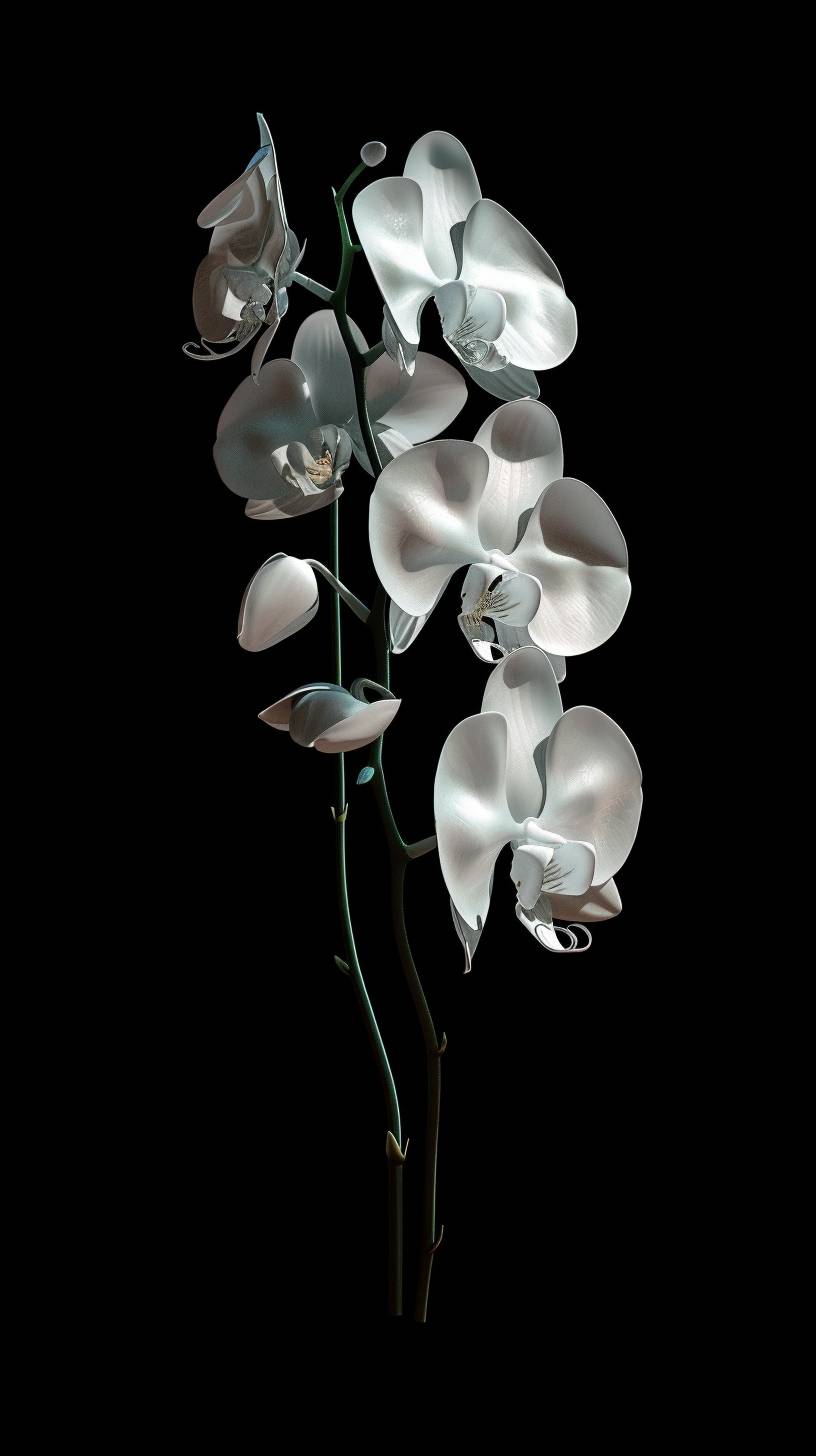 ハイパーリアリスティックで超詳細な白い一輪の胡蝶蘭、黒い背景に