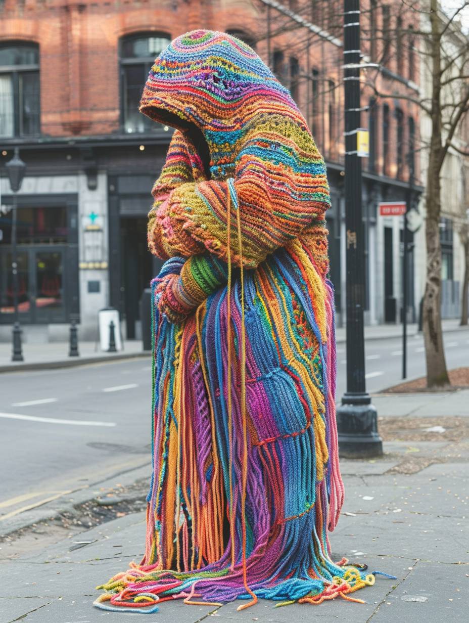 This is a piece made of colorful yarn crochet, in the style of yarn bombing, guerrilla knitting, woolen knitwork.