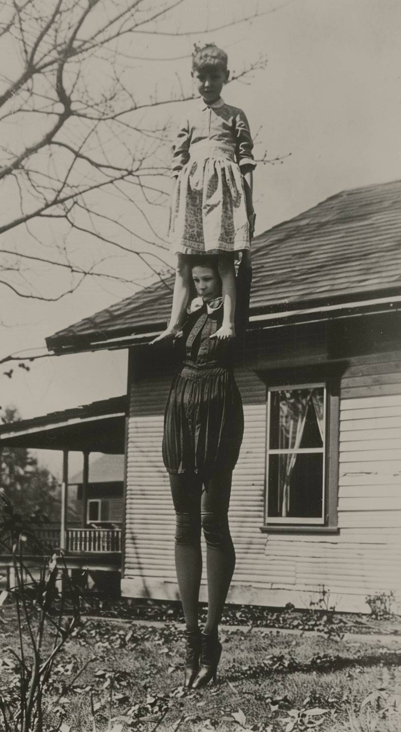 背の高い女性の長い脚と無駄に高いような足を持つ、持ち上げられた短髪の娘を片手で支える写真。家の前庭に立っており、20年代の写真で、不気味なホラーシーンが描かれています。