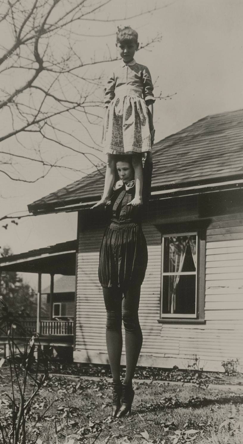 A vintage photo of the long legs and stilt-like feet of an extremely tall woman, holding up her shorthaired daughter with one hand, standing in the front yard of a house, taken in the 1920s, creating a creepy horror scene.