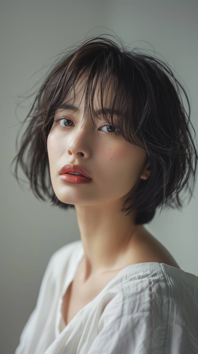 8K, RAW photo, best quality, haircut photo, one beautiful Japanese woman, ennui, natural light, 30 years old, close-up, high tone ash brown, short straight hair, with bangs, smoky ivory, white tunic, light makeup, light brown brows, realistic skin texture, light gray background, Sony a7R IV, Leica 11678, aperture f9