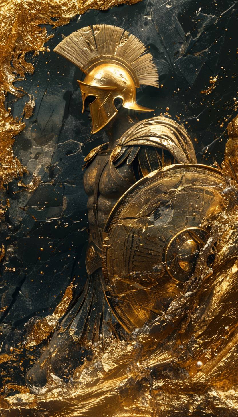 シルバーの臨界点に達したギリシャの戦士は、金のフラクタル形状が混ざり合い、グリッチ超現実主義スタイルで、金と銀の超現実的なグリッチと共に描かれています。
