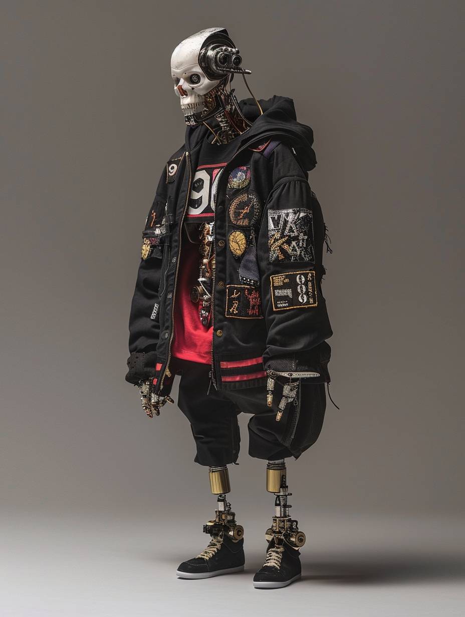 Hybridization of a human and a robot fruit exotic head with metallic bone structure with multi-color matte powder coating, the clothing of the character is dressed like a monk, in a new Asian style, with several embroidered patches in black with gold threading and the number "99"